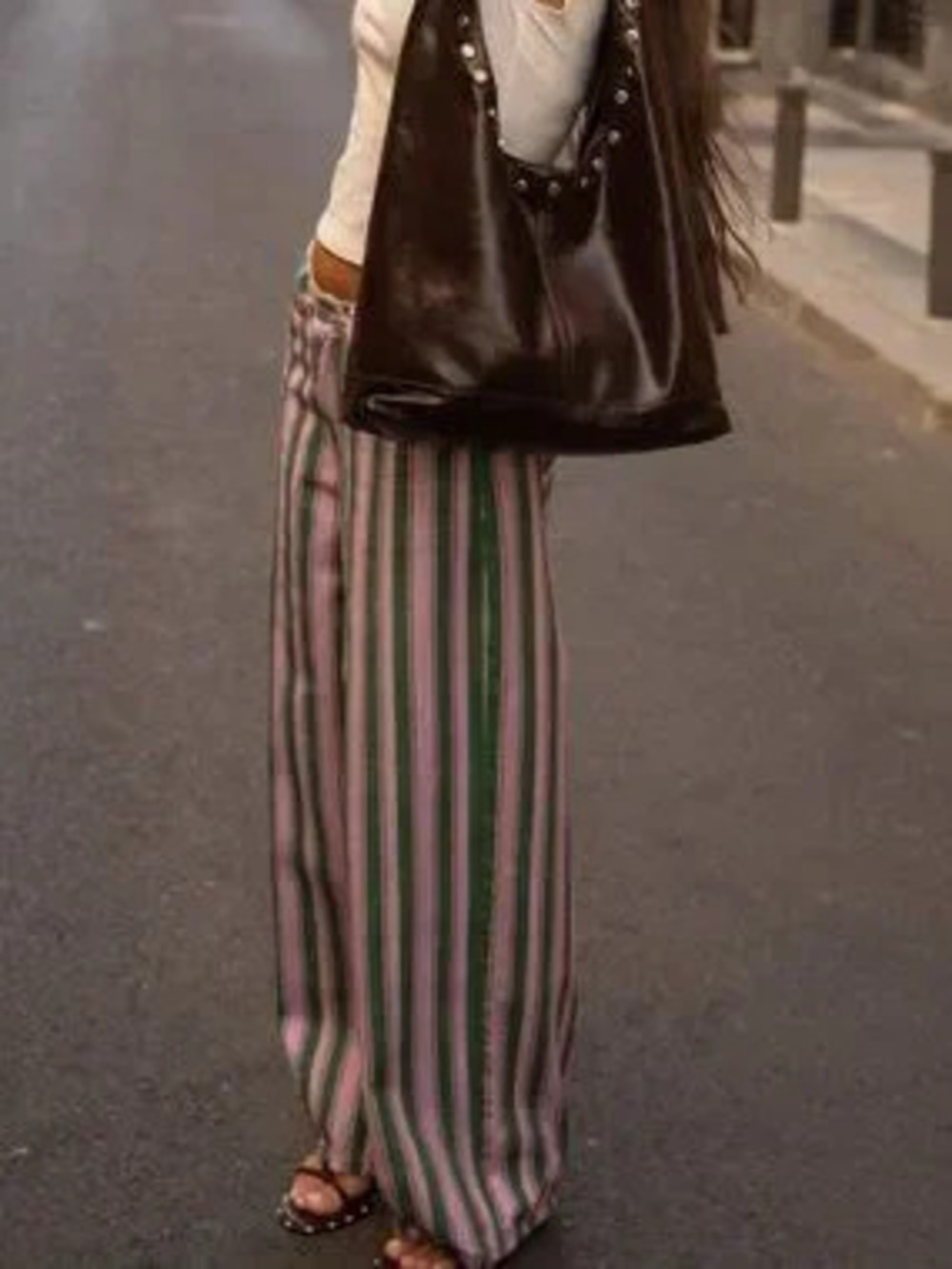 Multicolor Casual Women's Mid Waist Striped Loose Long Five Pocket Balloon Pants